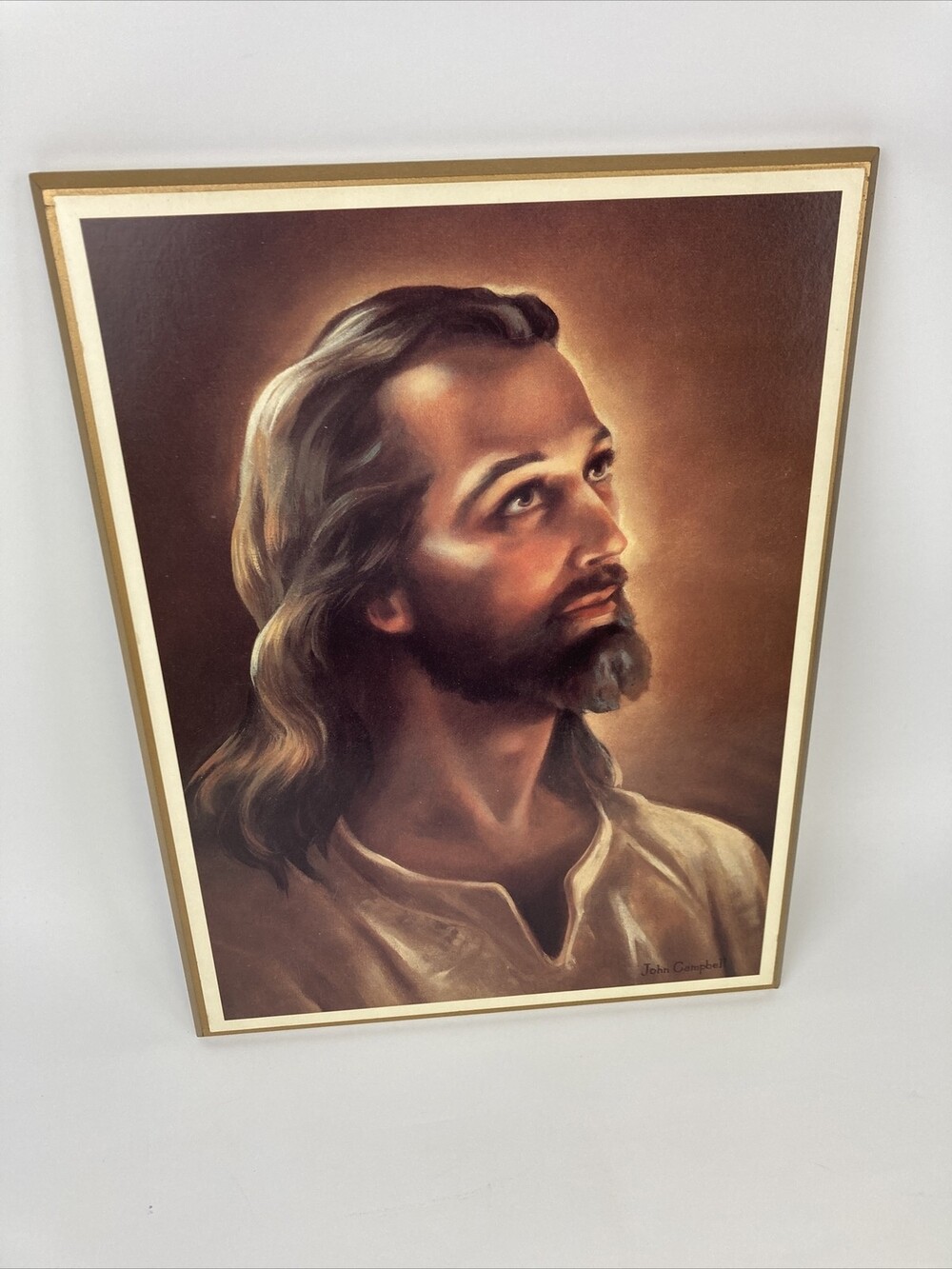 VTG John Campbell 14" Art Print on Wood Wall Hang Jesus Head Christ Framed 70s